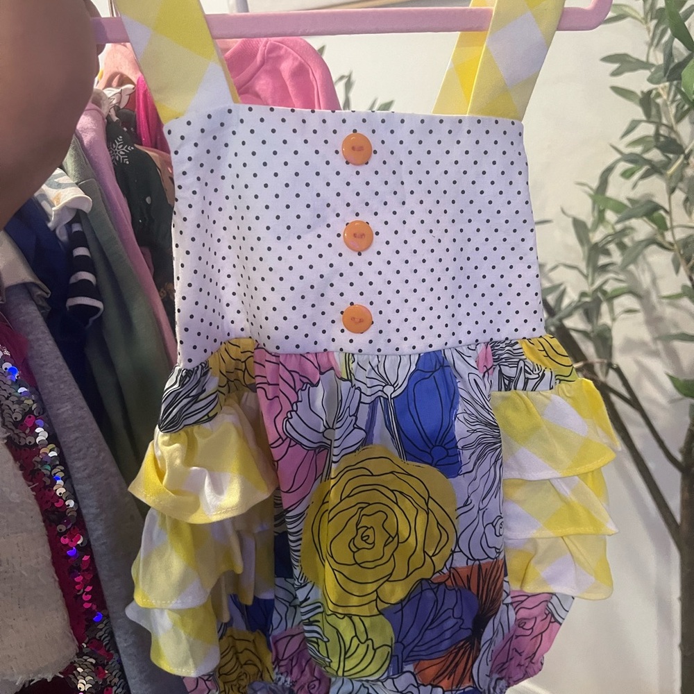 🌷Ricrac and RufflesColorful Floral Ruffle onesie with Polka Dots